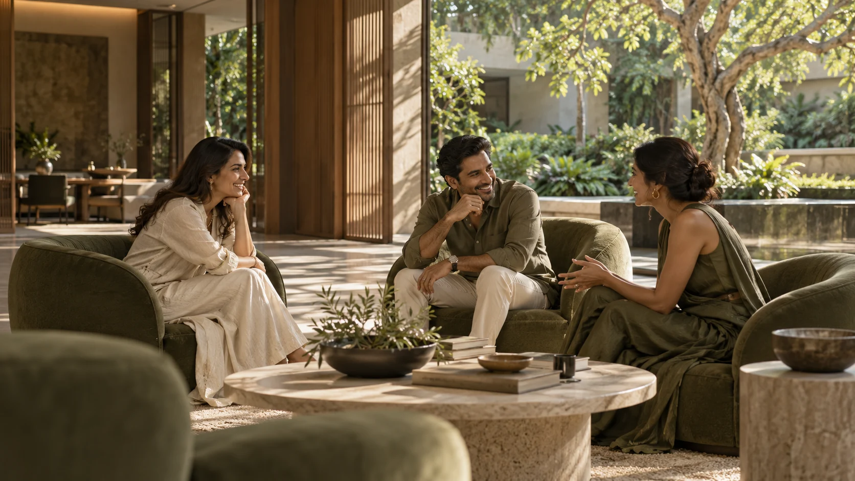 Illustrative friends sharing a moment in a garden lounge